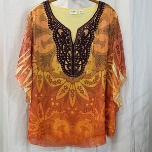 Cato 22w/24w 3X Womens Plus Sublimation Embroidered Chiffon Boho Top Blouse